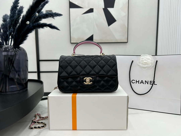 Chanel AS2431 Mini flap Black with Pink Lambskin bag with top handle Gold