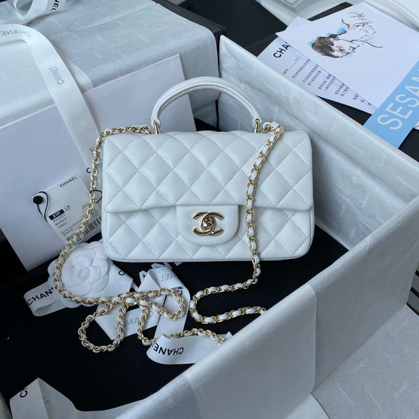 Chanel AS2431 Mini flap Lambskin bag with top handle Light gold White