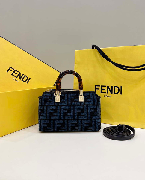 Fendi 8BS067 By The Way Mini Small Boston Jacquard FF fabric bag Navy blue
