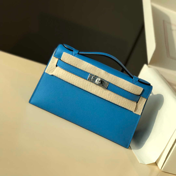 Hermes Kelly Pouchette Swift Leather clutch bag Silver H230256