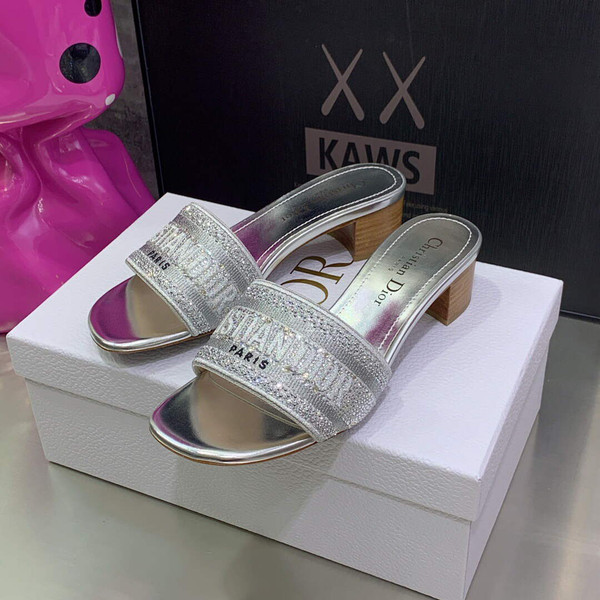 Dior Women's Shoes Dway Heeled Slide Metallic Thread Strass KCQ244LCS Silver