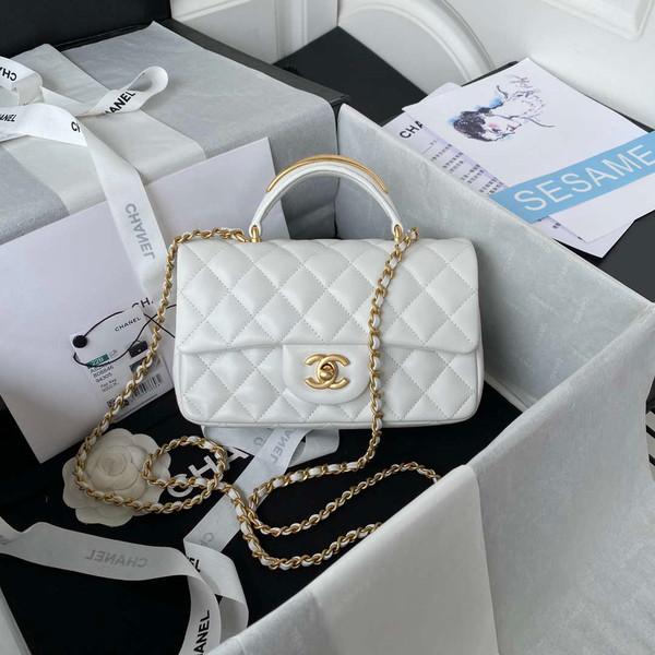 Chanel AS2431 Mini flap White Lambskin bag with top handle Gold