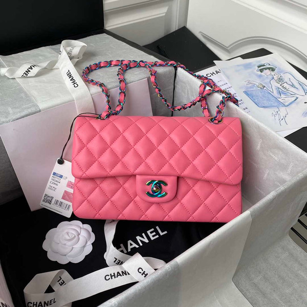 Chanel A01113 Flap Handbag Classic Bag Pink Lambskin with Blue Hardware