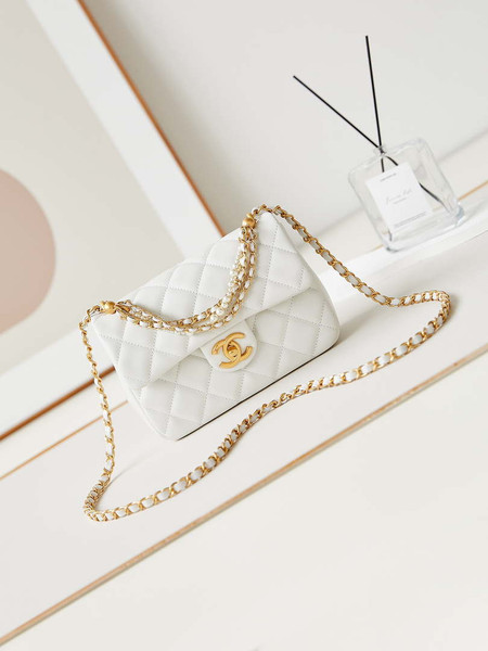 Chanel AS4384 Mini Flap Bag Pearly Lambskin Imitation Pearls & Gold-Tone Metal White