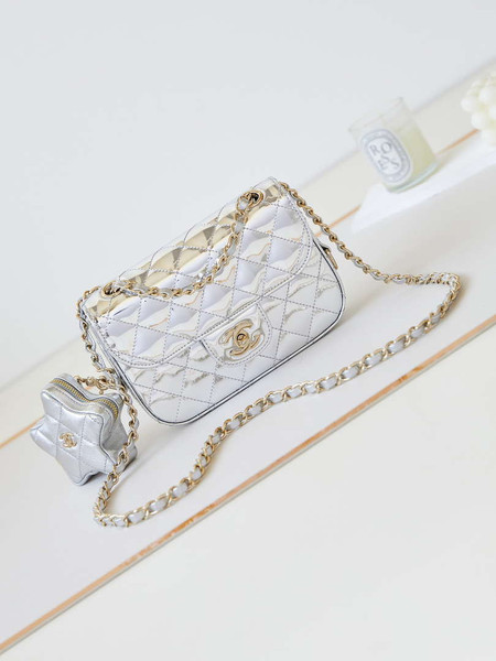Chanel AS4646 MINI FLAP BAG & STAR COIN PURSE Mirror Calfskin  Metallic Calfskin & Gold-Tone Metal Silver