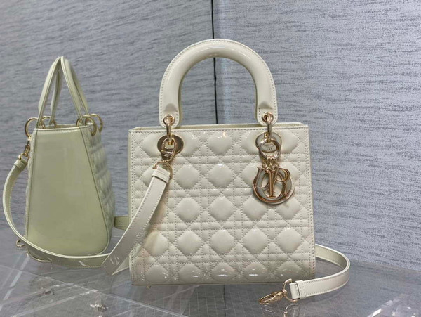 Dior M0565 Medium Lady Dior Patent Cannage Calfskin Bag White Enamel Hardware