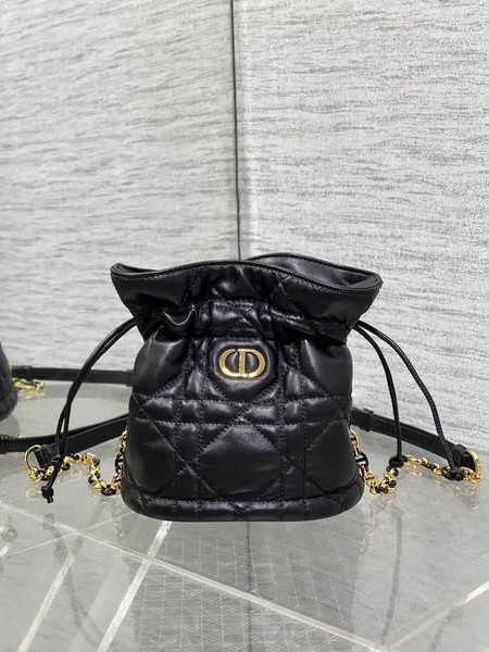 Dior S5223 Miss Caro Mini Bucket Bag with Drawstring Black Macrocannage Lambskin