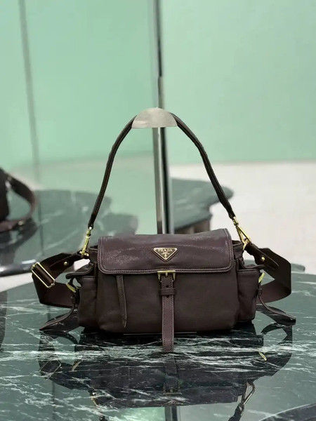 Prada Explore medium Lambskin leather shoulder bag with flap 1BD394 Sienna
