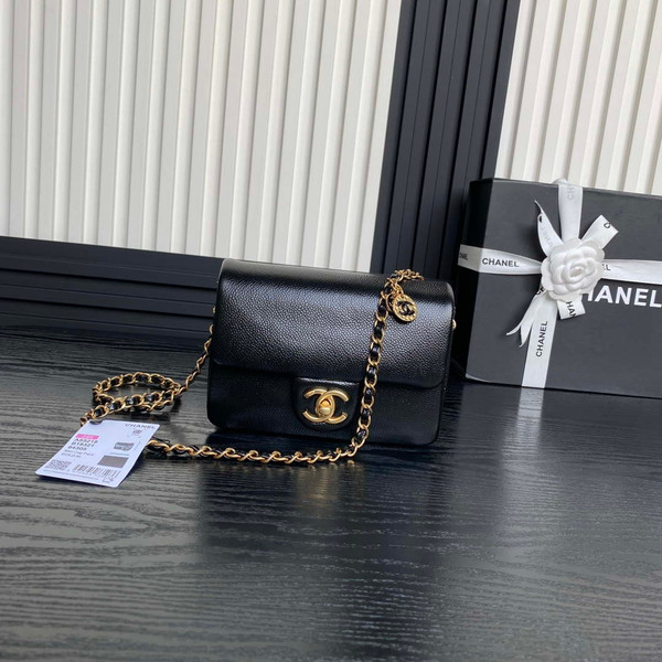 Chanel AS5218 Mini Flap Bag Grained Shiny Calfskin & Gold-Tone Metal Black