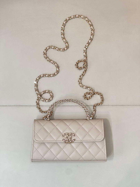 Chanel AP3238 Phone Holder with Chain Grained Shiny Calfskin Apricot
