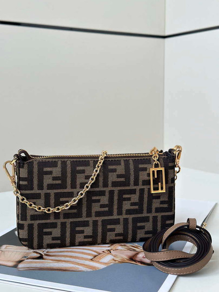 Fendi  8BS073 Baguette Pouch Bronw denim-effect FF jacquard charm pouch with chain