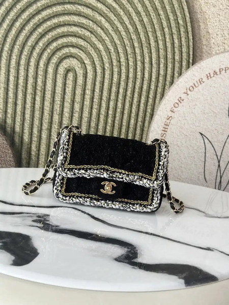 Chanel 25C Mini Flap bag Tweed and gold metallic A69900 Black