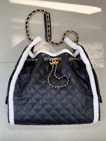 Chanel AS5311 Shearling Sheepskin & Gold-Tone Metal Black & White