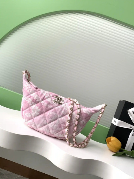 Chanel AS5431 Large Hobo Bag Printed Denim Light Pink & White