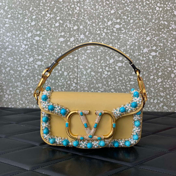 Valentino 5W2B0N86NKG_ZF7 Valentino Garavani Locò Small Embroidered Shoulder Bag Yellow