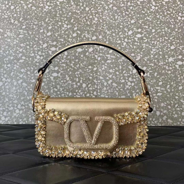 Valentino 5W2B0N86NKG_ZF7 Valentino Garavani Locò Small Embroidered Shoulder Bag Gold