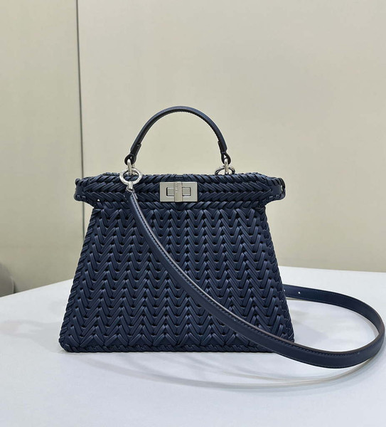 Fendi 8BN327 Peekaboo ISeeU Small Dark Blue interlace leather bag 80138M