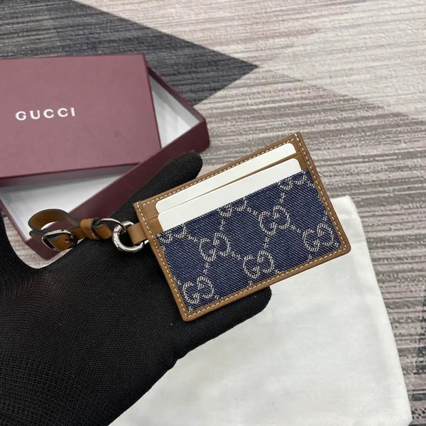 Gucci GG Emblem card case with strap 819121 Navy Blue & Brown