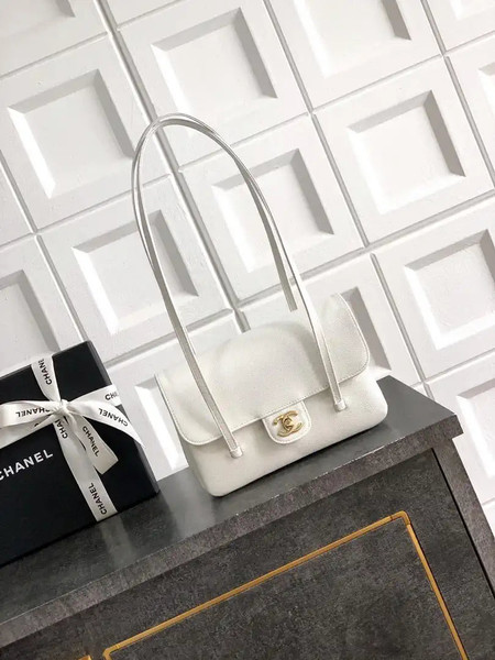 Chanel AS6130 Small Flap Bag Grained Shiny Calfskin & Gold-Tone Metal White