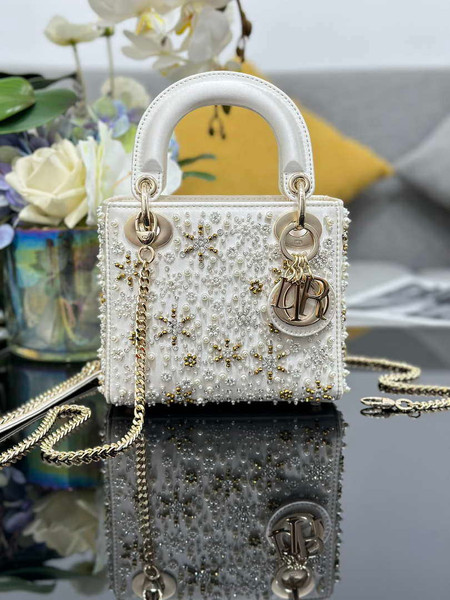 Dior M0505 Mini Lady Dior Bag Calfskin Embroidered Snowflake Pearls White