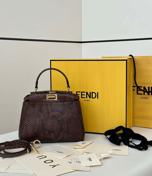 Fendi 8BN244 Peekaboo Mini Bag Dark Brown Python Leather Bag 66803
