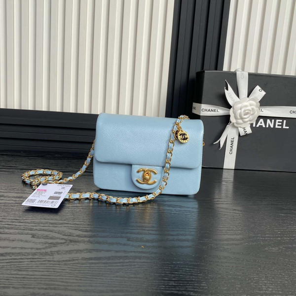 Chanel AS5218 Mini Flap Bag Grained Shiny Calfskin & Gold-Tone Metal Light Blue
