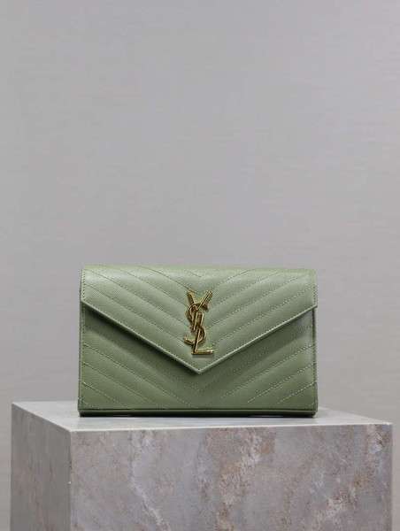 YSL 377828 Classic Cassandre chain wallet in grain de Poudre leather Green