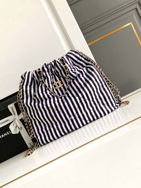 Chanel AS4692 Large Backpack Printed Fabric & Gold Metal White & Black