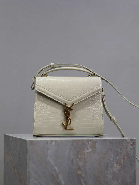 YSL 623930 Cassandra Mini Top Handle Bag In Crocodile pattern Leather White