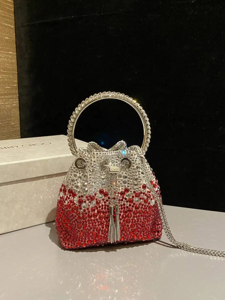 Jimmy Choo Bon Bon Blush Satin Bag with Crystals BONBONXDR1C1039 White & Red