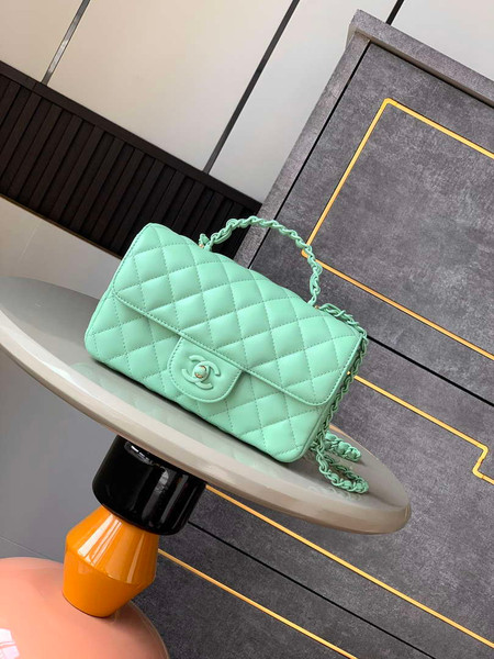 Chanel AS5243 Mini Flap Bag with Top Handle Lambskin & Lacquered Metal Light Green