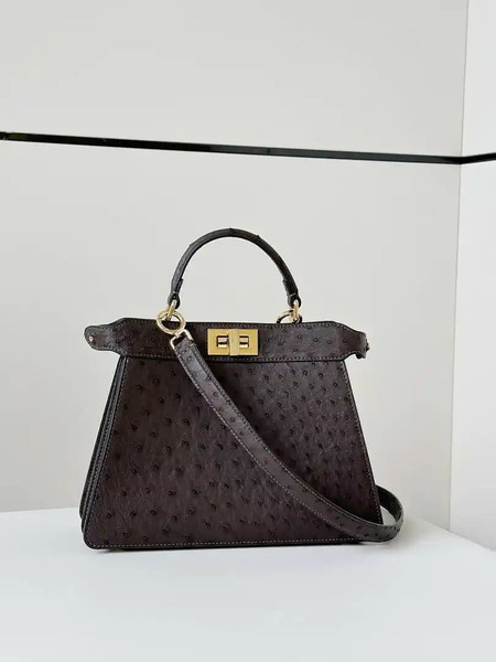 Fendi 8BN327 Peekaboo ISeeU Small Dark Brown Ostrich leather bag