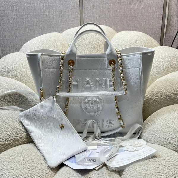 Chanel A66941 Large Tote Shopping Bag Caviar Calfskin White