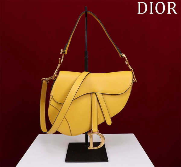 Dior M0455 Saddle Bag With Strap plain weave Yellow Calfskin M0456