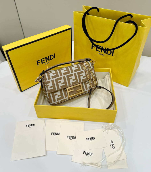 Fendi 8BS017  Baguette Mini Apricot denim-effect FF jacquard bag
