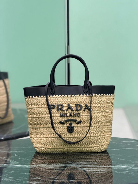 Prada Small crochet and leather tote bag 1BG500 Black