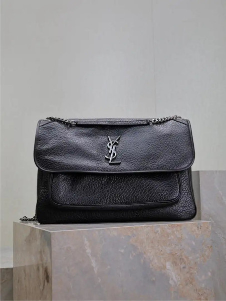 Yves Saint Laurent YSL 755857 Niki Large In Lambskin Leather Bag Black Elephant Pattern Silver Buckle