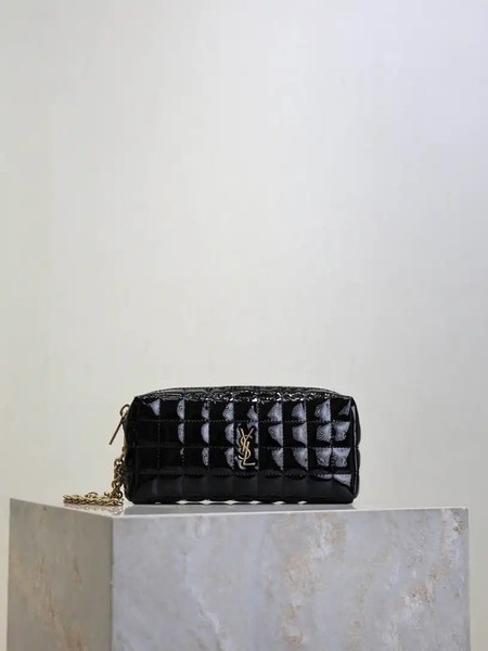 YSL 779649 CASSANDRE MATELASSÉ CARRÉ pouch on chain in shiny canvas Black