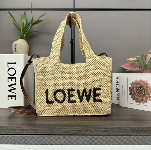 Loewe Small LOEWE Font tote in raffia A685B59X03 Natural
