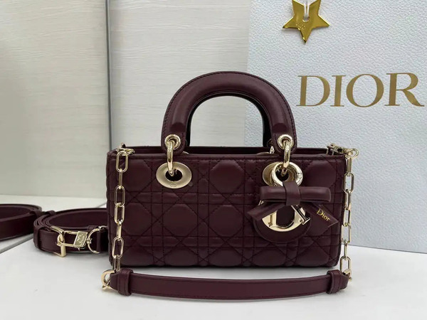 Dior M0613 Small Lady D-joy Bag Wine Red Cannage Lambskin With bow