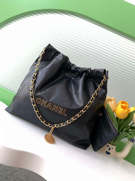 Chanel 22 AS3261 Handbag 24K Shiny Calfskin Black Gold