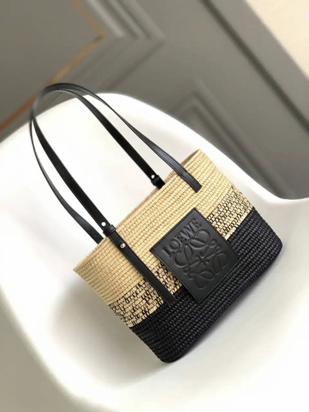 Loewe Small woven raffia basket bag 10112 Black