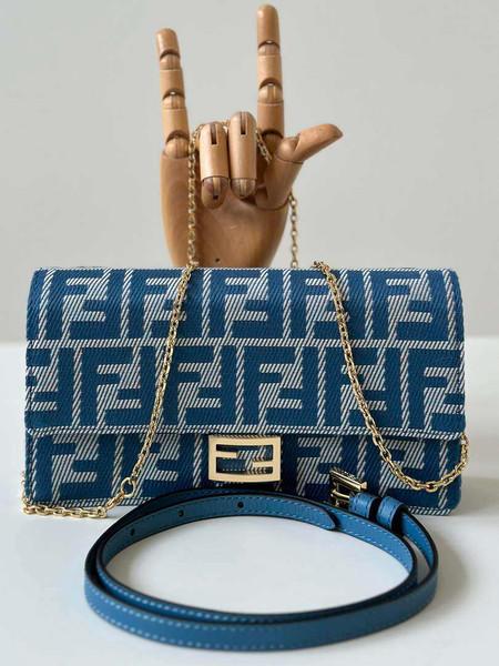 Fendi 8M0498 Wallet On Chain Baguette Blue denim-effect FF jacquard wallet
