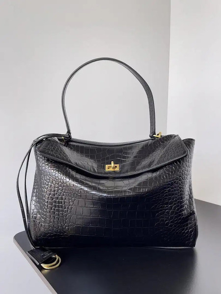 Balenciaga 7897722 Rodeo Handbag Medium in Black Crocodile pattern