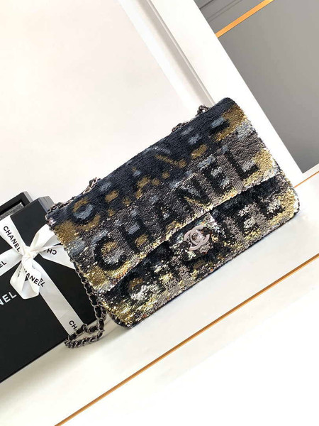 Chanel A01112 Flap Classic 11.12 Handbag 24S letter shape Black shiny sequin