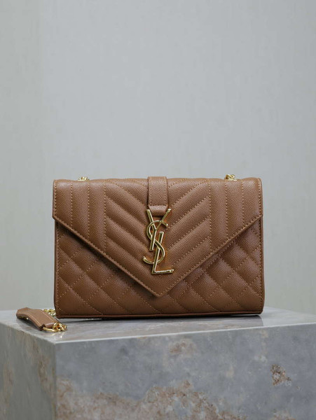 YSL 600195 Envelope Small In Quilted Grain De Poudre Embossed Leather Caramel