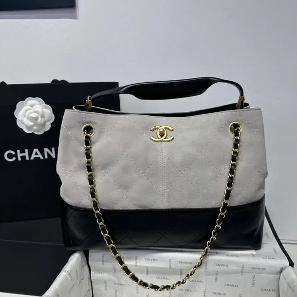 Chanel AS5634 Small Shopping Bag Suede Calfskin Shiny Lambskin Gray & Black