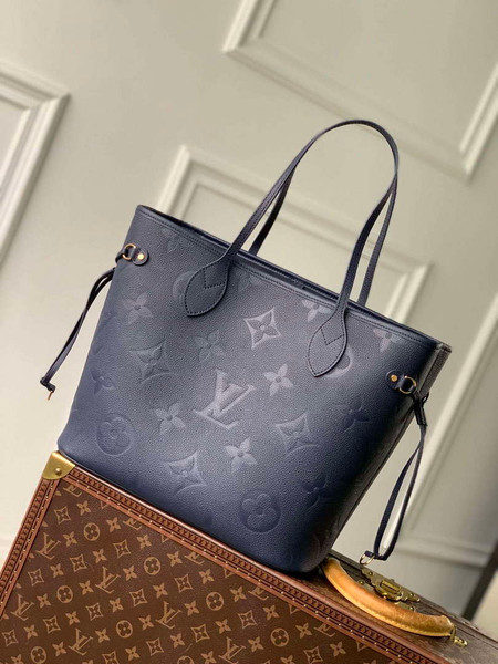LV M47143 Louis Vuitton Neverfull MM Bag Monogram Empreinte Leather Navy Blue