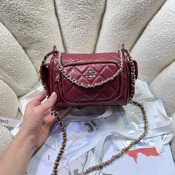Chanel AS5220 Small Camera Case Bag Shiny Crumpled Lambskin & Gold-Tone Metal Wine Red