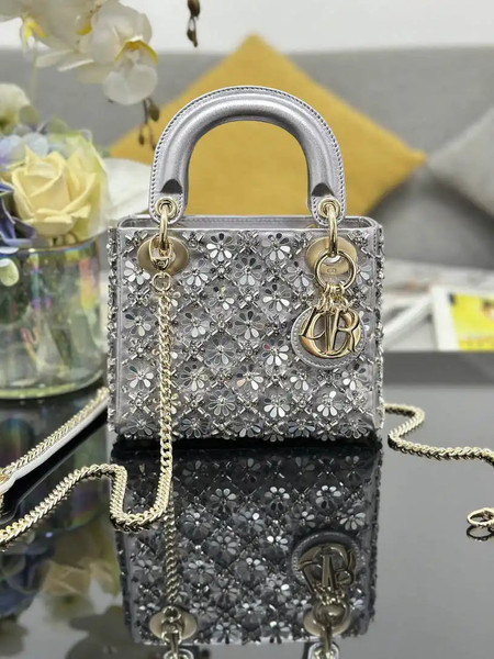 Dior M0505 Mini Lady Dior Bag embroidered plum blossom silver beads